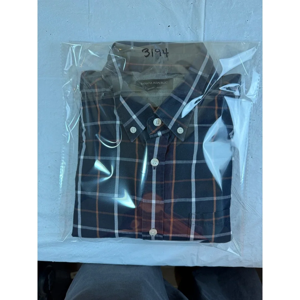 Banana Republic Soft Wash‎ Slim Fit Navy Plaid Cotton Button Down Shirt Mens XL
